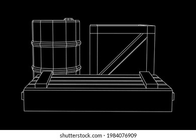 Suministra concepto de carga. Cajas y barriles. Ilustración vectorial de malla baja de malla de malla de alambre.