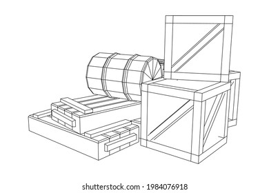 Supplies cargo concept. Pile boxes and barrels. Wireframe low poly mesh vector illustration.