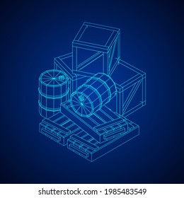 Supplies cargo concept. Pile boxes and barrels. Wireframe low poly mesh vector illustration.