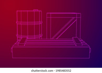 Supplies cargo concept. Pile boxes and barrels. Wireframe low poly mesh vector illustration.