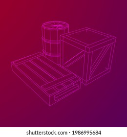 Suministra concepto de carga. Cajas y barriles. Ilustración vectorial de malla baja de malla de malla de alambre.