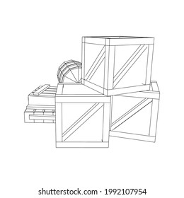 Supplies cargo concept. Pile boxes and barrels. Wireframe low poly mesh vector illustration.