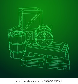 Supplies cargo concept. Pile boxes and barrels. Wireframe low poly mesh vector illustration.