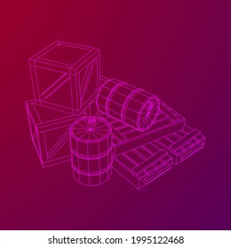 Supplies cargo concept. Pile boxes and barrels. Wireframe low poly mesh vector illustration.
