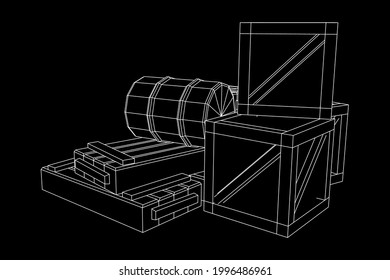 Supplies cargo concept. Pile boxes and barrels. Wireframe low poly mesh vector illustration.