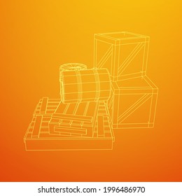 Supplies cargo concept. Pile boxes and barrels. Wireframe low poly mesh vector illustration.