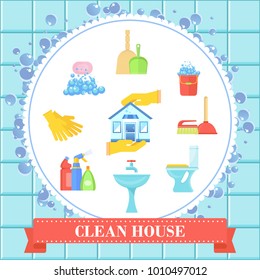 Supplies for cleaning premises, houses and offices. Banner for store of home utensils, site and advertising of cleaning service.