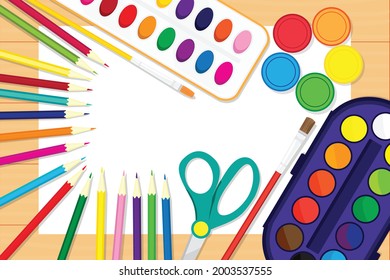 Supplies for drawing. Paint, pencils, paper vector illustration background.