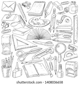 Оffice supplies and drawing tools. Stationery in the hand-drawing style. Vector illustration