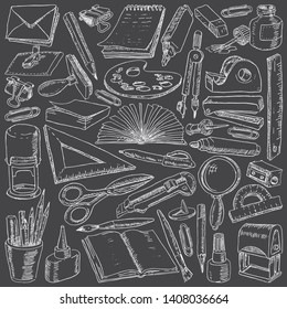 Оffice supplies and drawing tools. Stationery in the hand-drawing style. Vector illustration