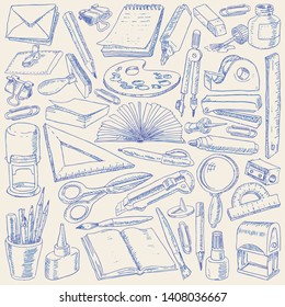Оffice supplies and drawing tools. Stationery in the hand-drawing style. Vector illustration