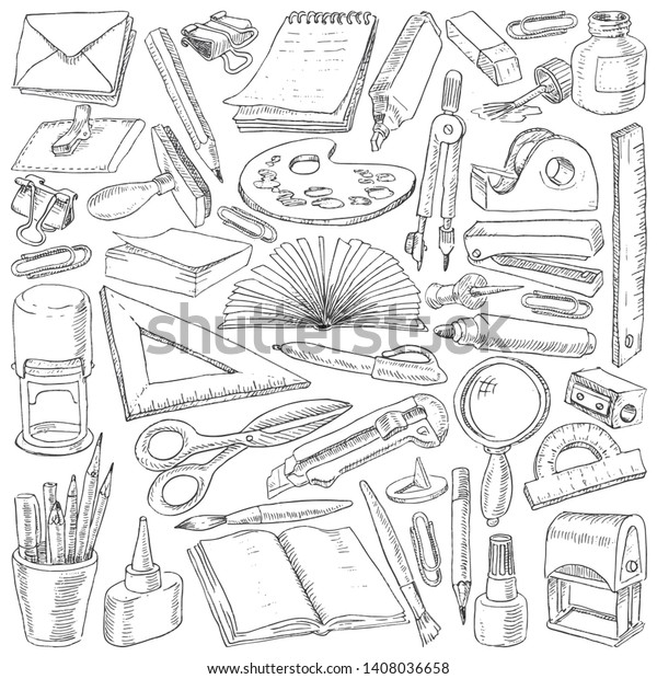 Оffice supplies and drawing tools.
Stationery in the hand-drawing style. Vector
illustration