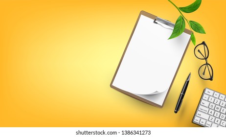 Supplies For Education And Work Flat Lay Vector. Blank Paper On Clipboard, Green Branch Of Home Tree And Eye Glasses, Writing Pen And Keyboard On Work Desk. Copy Space Top View Illustration