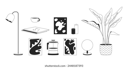 Suministros para el diseño de interiores en blanco y negro 2D línea de dibujos animados conjunto. Accesorios domésticos aislados de contorno de Vector artículos de colección. Ilustraciones de manchas planas monocromáticas de diseño de casa