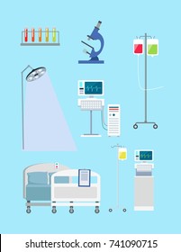 Supplies in hospital, including medical bulbs and microscope, light and monitor, drop-bottle and operation bed on vector illustration