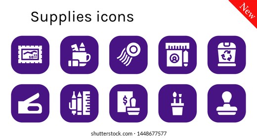 supplies icon set. 10 filled supplies icons.  Simple modern icons about  - Stamp, Pencil case, Ruler, Trash, Stapler, School material