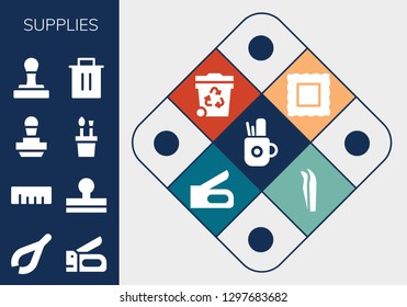  supplies icon set. 13 filled supplies icons. Simple modern icons about  - Pencil case, Tweezers, Stapler, Ruler, Stamp, Trash