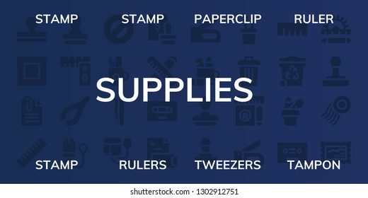  supplies icon set. 32 filled supplies icons. on blue background style Simple modern icons about  - Stamp, Paperclip, Ruler, Rulers, Tweezers, Tampon, Protractor, Pencil case