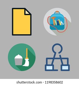 supplies icon set. vector set about mop, clip, office material and backpack icons set.