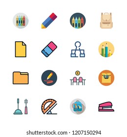 supplies icon set. vector set about pencil, crayons, pencils and cleaning tools icons set.