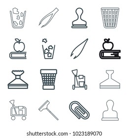 Supplies icons. set of 16 editable outline supplies icons such as tweezers, cleaning tools, window squeegee, stamp, trash bin, apple on book