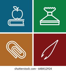 Supplies icons set. set of 4 supplies outline icons such as tweezers, window squeegee, apple on book