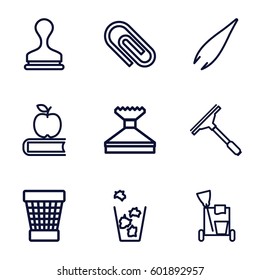 supplies icons set. Set of 9 supplies outline icons such as tweezers, window squeegee, cleaning tools, stamp, trash bin, apple on book