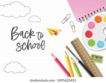 Supplies isolated set, back to school background. Vector. Colorful school supplies, vector illustration. Stationery