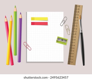 Supplies isolated set, back to school background. Vector. Colorful school supplies, vector illustration. Stationery