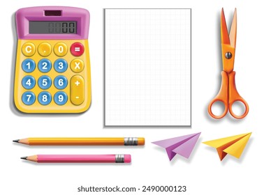 Supplies isolated, white background. Vector. Colorful school supplies, vector illustration. Stationery