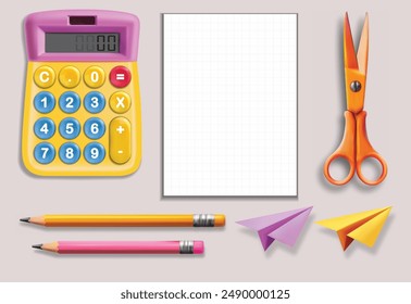 Supplies isolated, white background. Vector. Colorful school supplies, vector illustration. Stationery