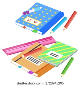 Supplies for lessons, vector illustration. Collection of school supplies or stationery. Isometric cartoon items for education of smart pupils and students. Knowledge and education. School accessories