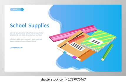 Supplies for lessons, vector illustration. Collection of school supplies or stationery. Isometric cartoon items for education of smart pupils and students. Knowledge and education. School accessories
