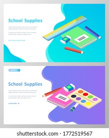 Suministros para lecciones, ilustración vectorial. Recogida de material escolar o de papelería. Artículos de dibujos animados isométricos para la educación de alumnos y estudiantes inteligentes. Conocimiento y educación. Accesorios de escuela