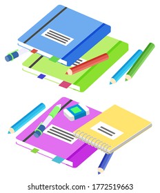 Supplies for lessons, vector illustration. Collection of school supplies or stationery. Isometric cartoon items for education of smart pupils and students. Knowledge and education. School accessories