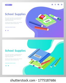 Supplies for lessons, vector illustration. Collection of school supplies or stationery. Isometric cartoon items for education of smart pupils and students. Knowledge and education. School accessories