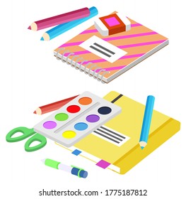 Supplies for lessons, vector illustration. Collection of school supplies or stationery. Isometric cartoon items for education of smart pupils and students. Knowledge and education. School accessories