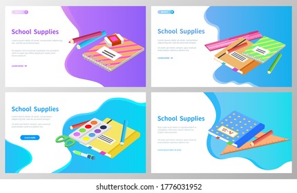 Supplies for lessons, vector illustration. Collection of school supplies or stationery. Isometric cartoon items for education of smart pupils and students. Knowledge and education. School accessories