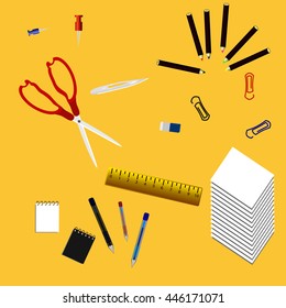Supplies offices. ssissors and ruler, Paper the, Eraser, clips, Notepad.