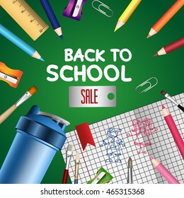 supplies on a green background with text Back to School Sale.