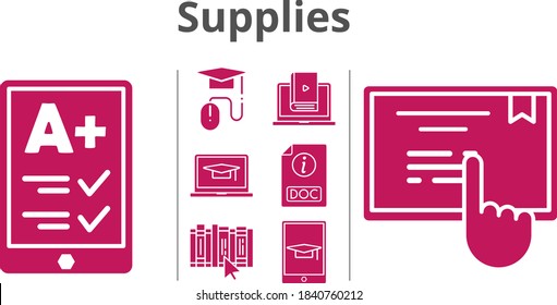 supplies set. included ereader, student-laptop, learn, elearning, book, student-tablet, doc, touchscreen icons. filled styles.
