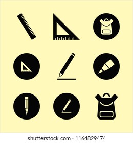supplies vector icons set. with pencil, school book bag and ruler in set