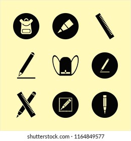 supplies vector icons set. with school book bag, pencil, ruler and ruler and pencil in set