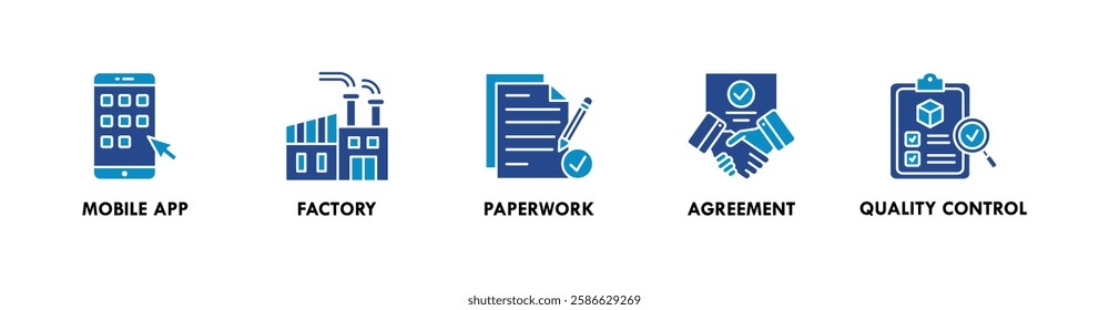 Supply Chain banner web icon vector illustration concept with icon of mobile app, factory, paperwork, agreement, and quality control