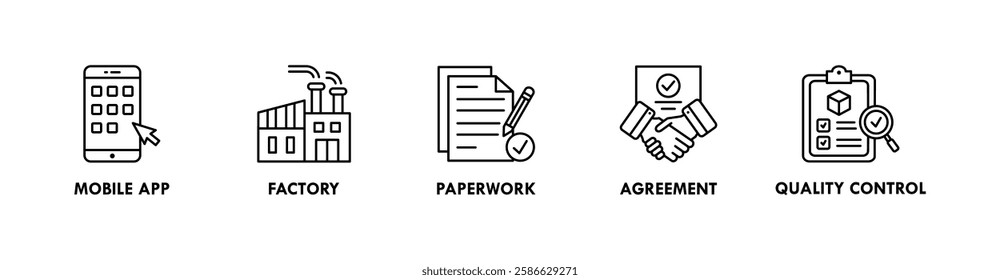 Supply Chain banner web icon vector illustration concept with icon of mobile app, factory, paperwork, agreement, and quality control