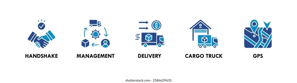 Supply Chain banner web icon vector illustration concept with icon of handshake, management, delivery, cargo truck, and GPS