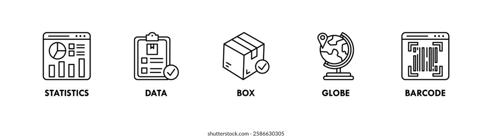 Supply Chain banner web icon vector illustration concept with icon of statistics, data, box, globe, and barcode