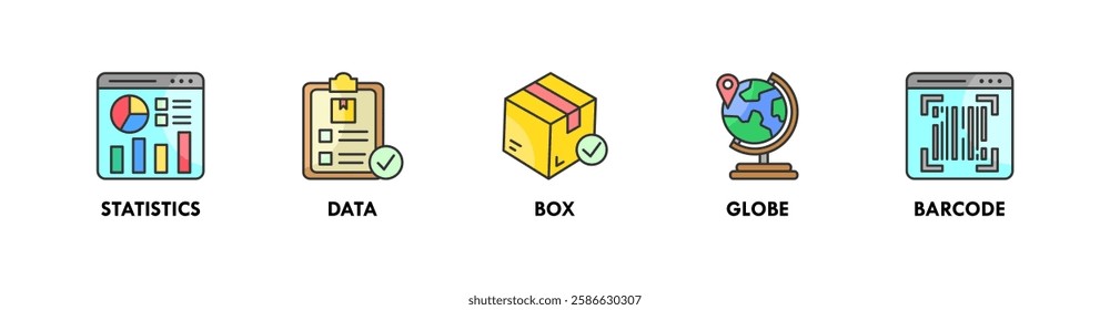 Supply Chain banner web icon vector illustration concept with icon of statistics, data, box, globe, and barcode