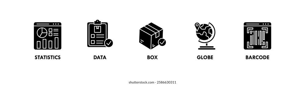 Supply Chain banner web icon vector illustration concept with icon of statistics, data, box, globe, and barcode