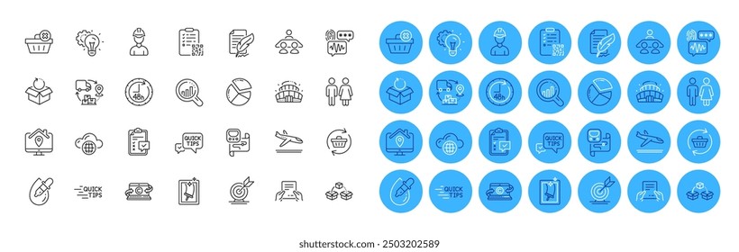 Supply chain, Biometric security and Pie chart line icons pack. Metro map, Seo analysis, Window cleaning web icon. Checklist, Feather signature, Arena stadium pictogram. Color icon buttons. Vector